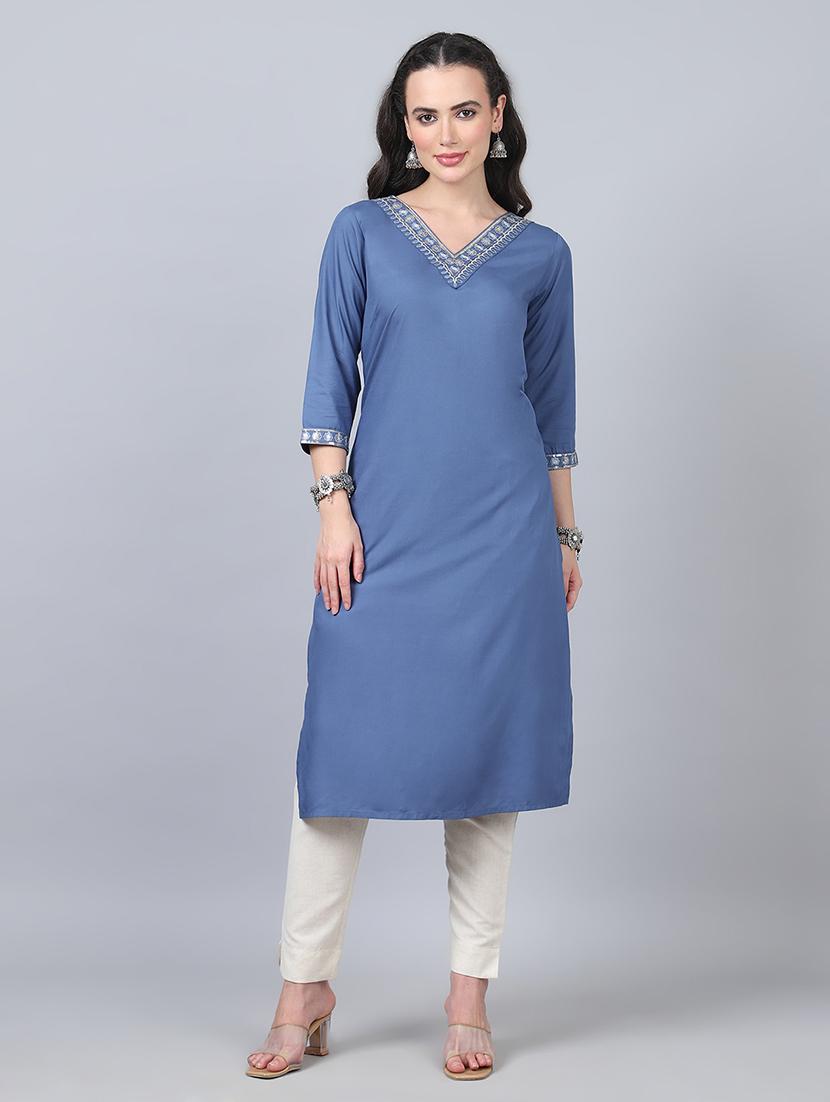 women three quarter sleeves straight kurta - 21534462 - Zoom Image - 0