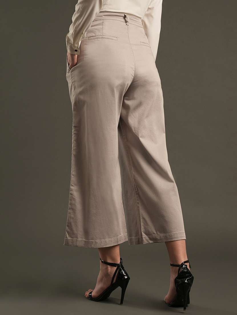 globus women clay satin stretchable mid-rise relaxed fit flat front cropped wide leg formal trousers - 21534464 -  Standard Image - 2