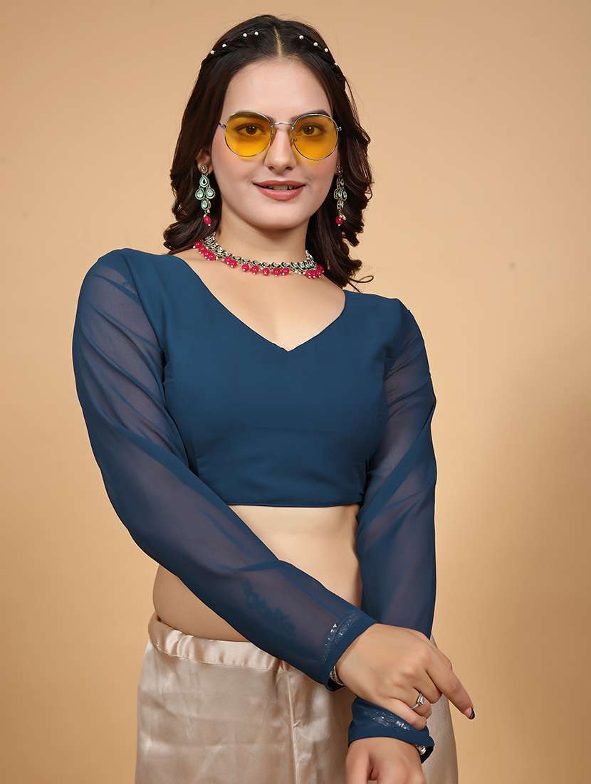 women teal solid stiched blouse