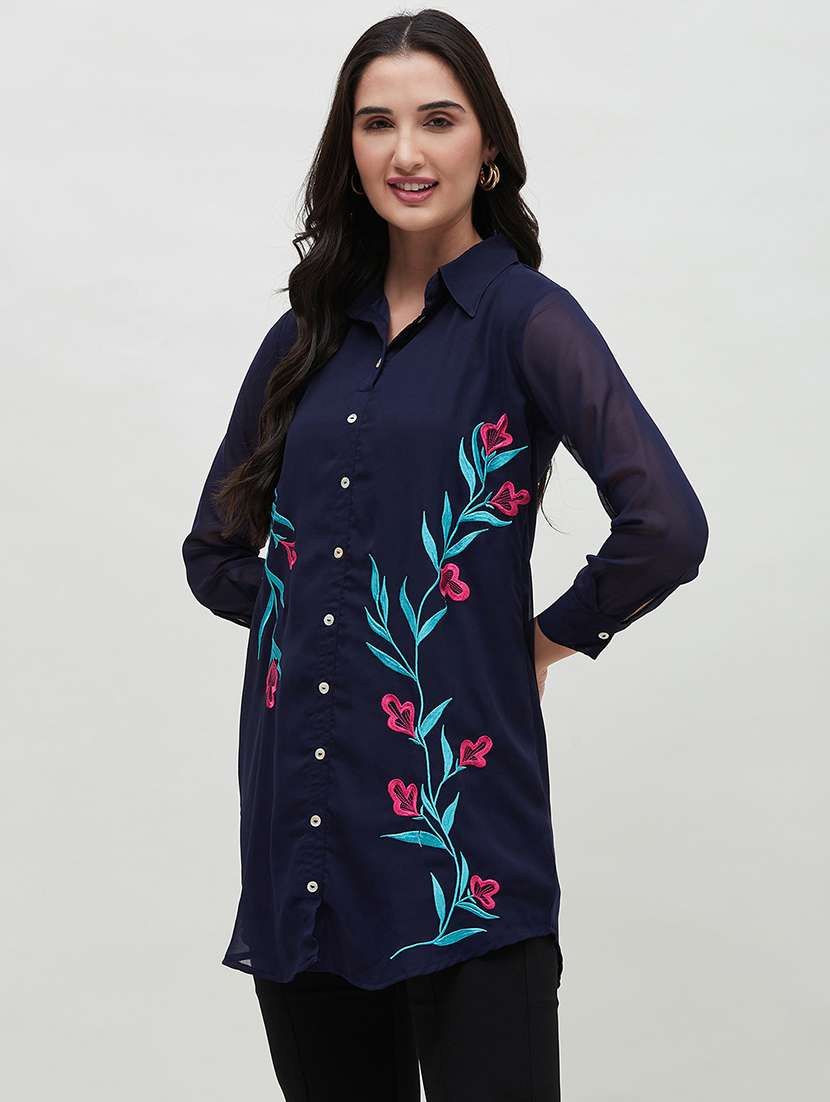 women embroidered collared high low shirt - 21535443 - Standard Image - 2