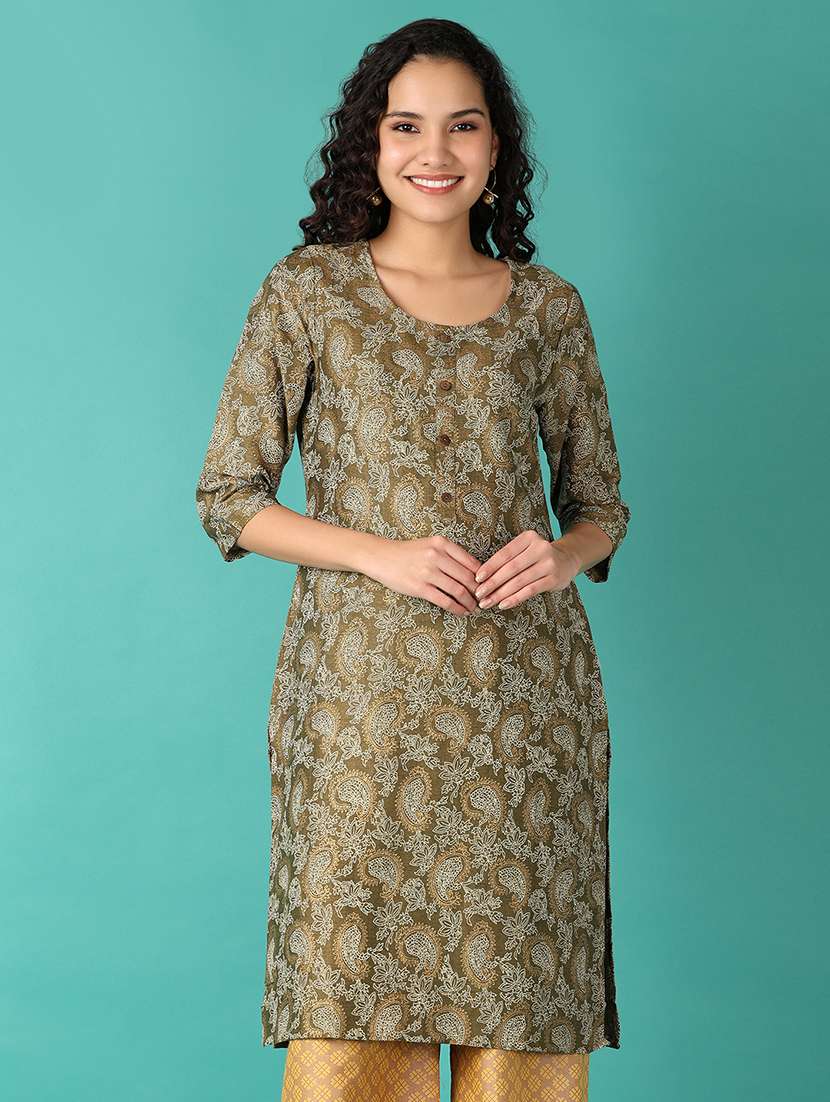 women paisley printed three quarter sleeve straight kurta