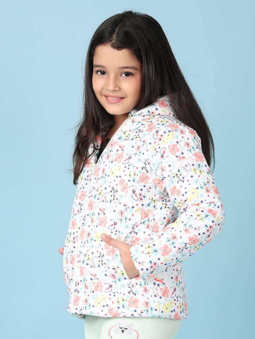 girls white floral printed hooded neck jacket - 21536572 -  Standard Image - 2