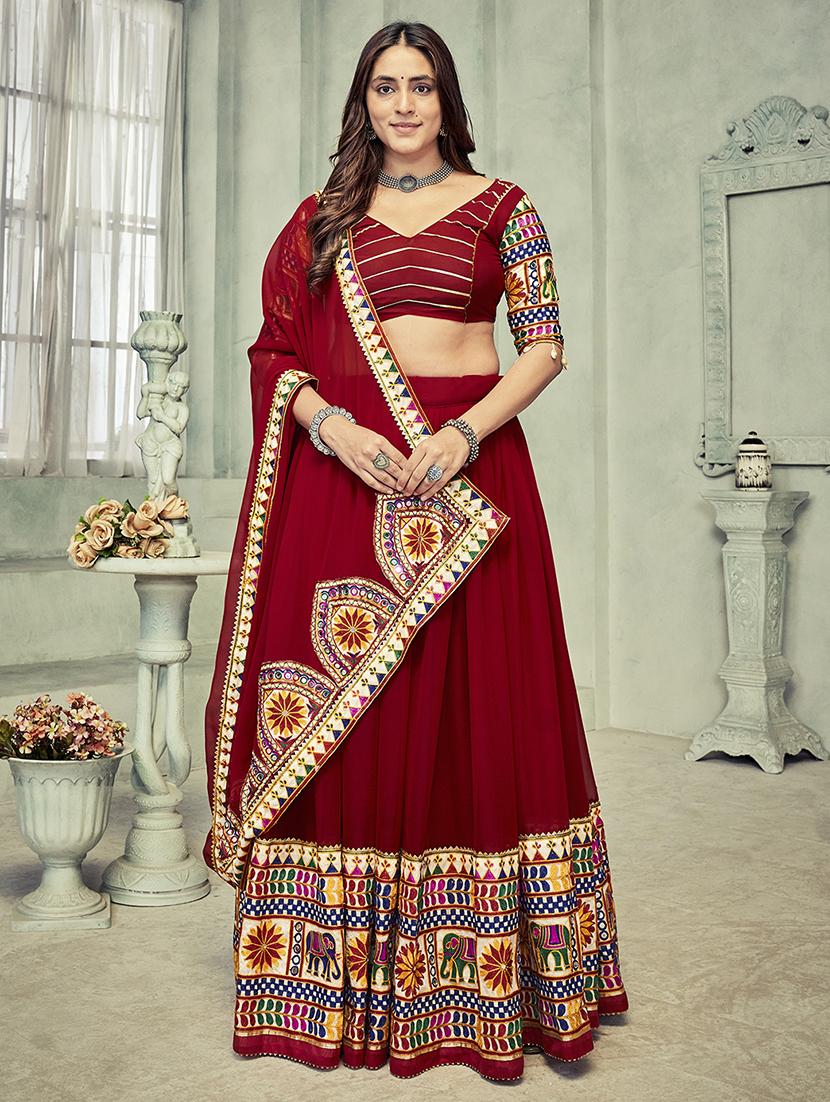 women maroon flared lehenga