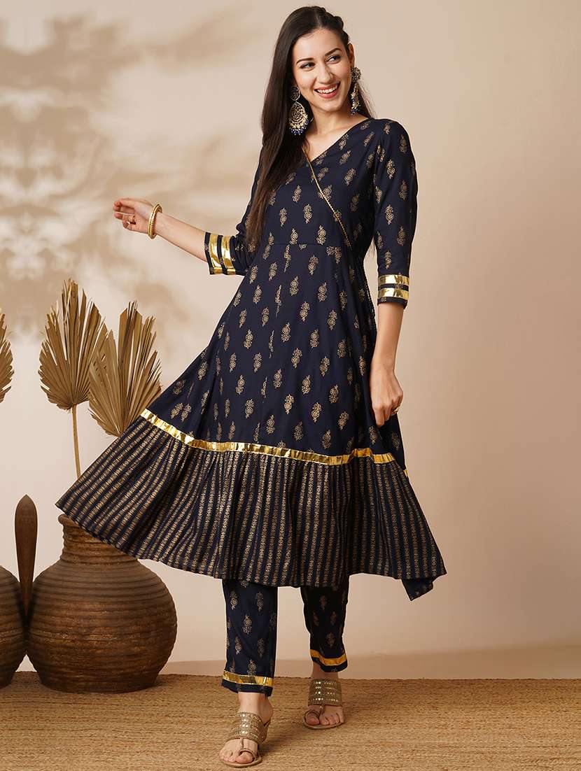 globus women navy v-neck floral printed gotta lace angrakha anarkali kurta with elasticated pants festive set