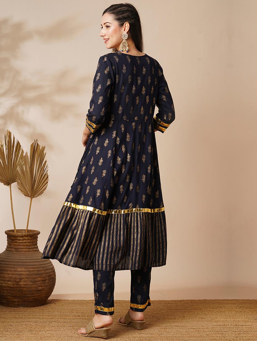 globus women navy v-neck floral printed gotta lace angrakha anarkali kurta with elasticated pants festive set - 21536816 - Standard Image - 2