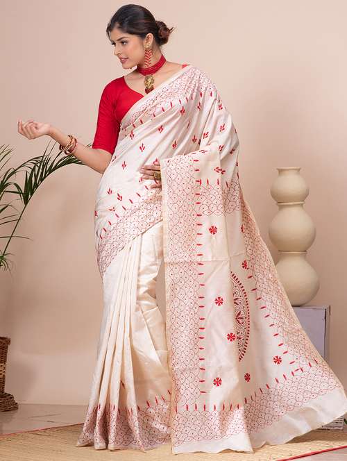 women cream embroidered saree - 21537021 - Standard Image - 0