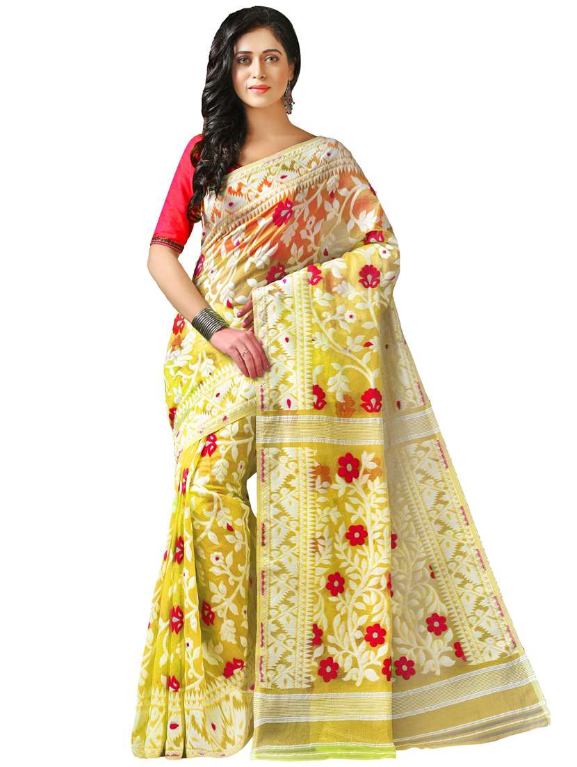women yellow self design jamdani saree