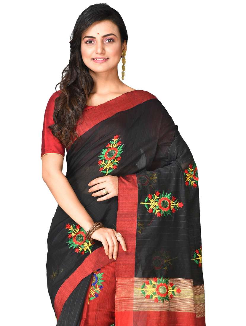 women solid with work handloom sraee - 21537091 -  Standard Image - 2