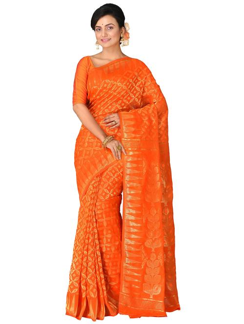 women orange self design jamdani saree - 21537112 - Standard Image - 0