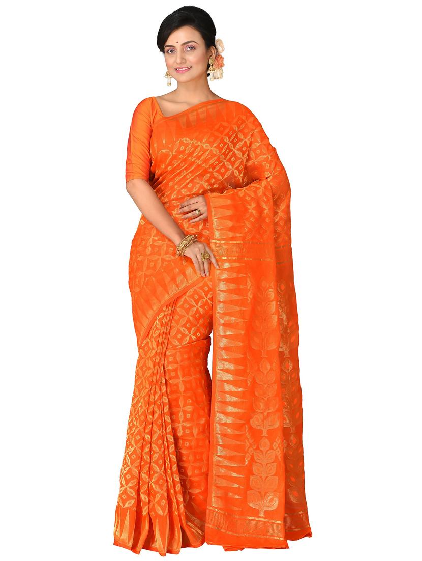 women orange self design jamdani saree - 21537112 - Zoom Image - 0