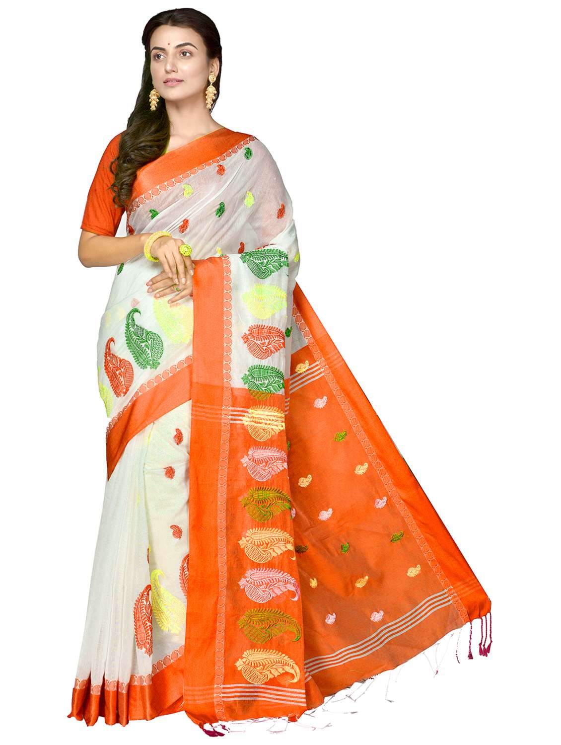 women orange self design handloom saree