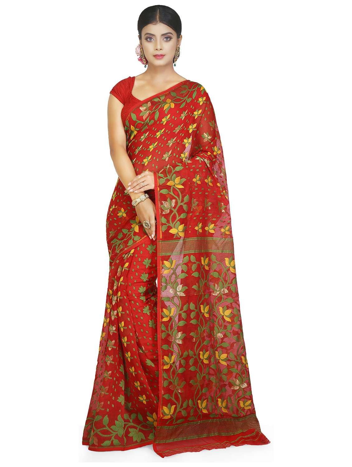 women red jamdani saree