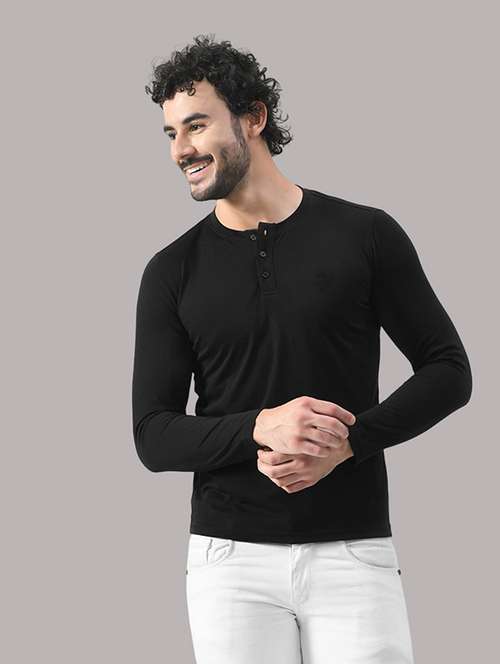 Men Solid Henley Neck Long Sleeve T Shirt