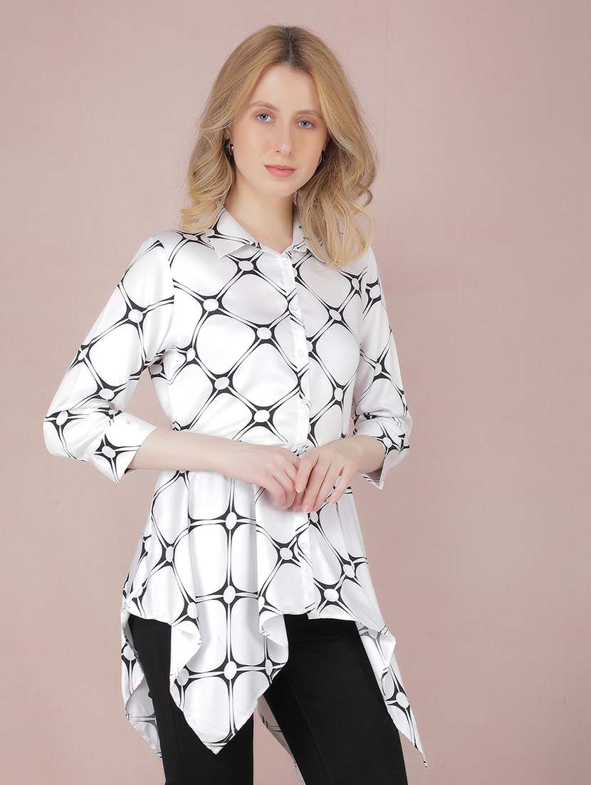 women printed collared asymmetric shirt