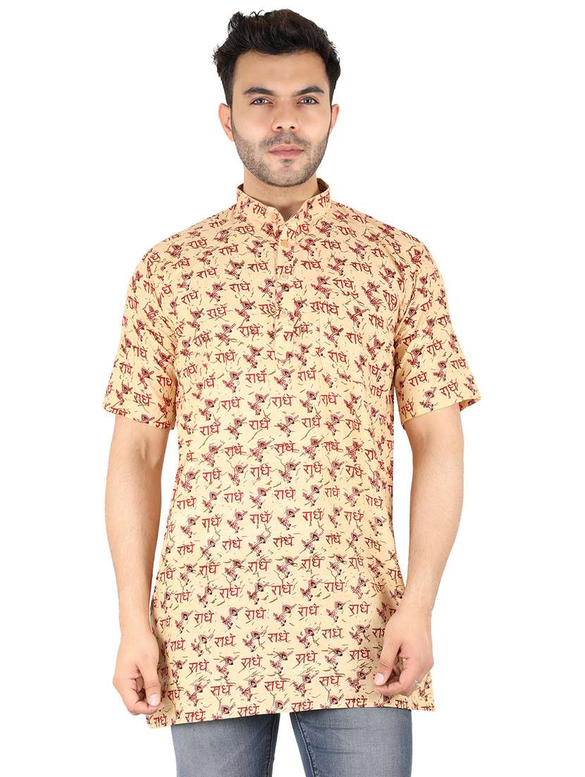 men printed mandarin neck short sleeve short kurta