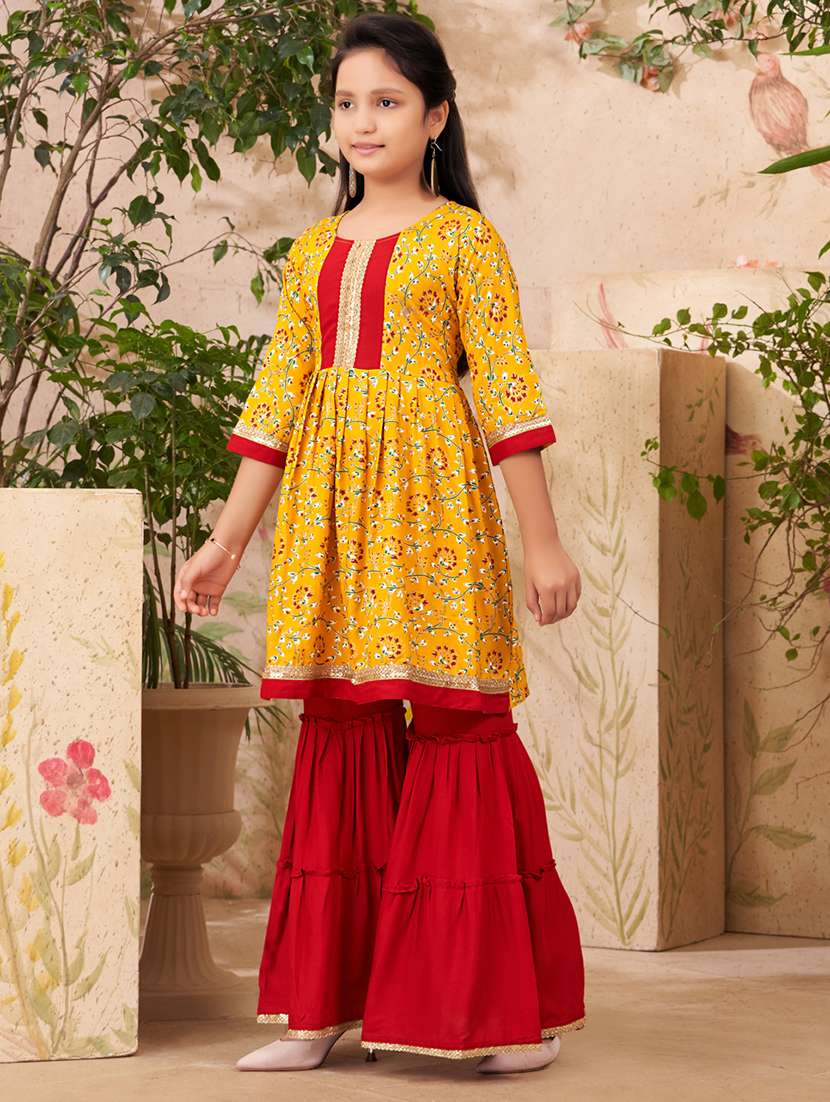 girls printed round neck kurta sharara set - 21538312 -  Standard Image - 2