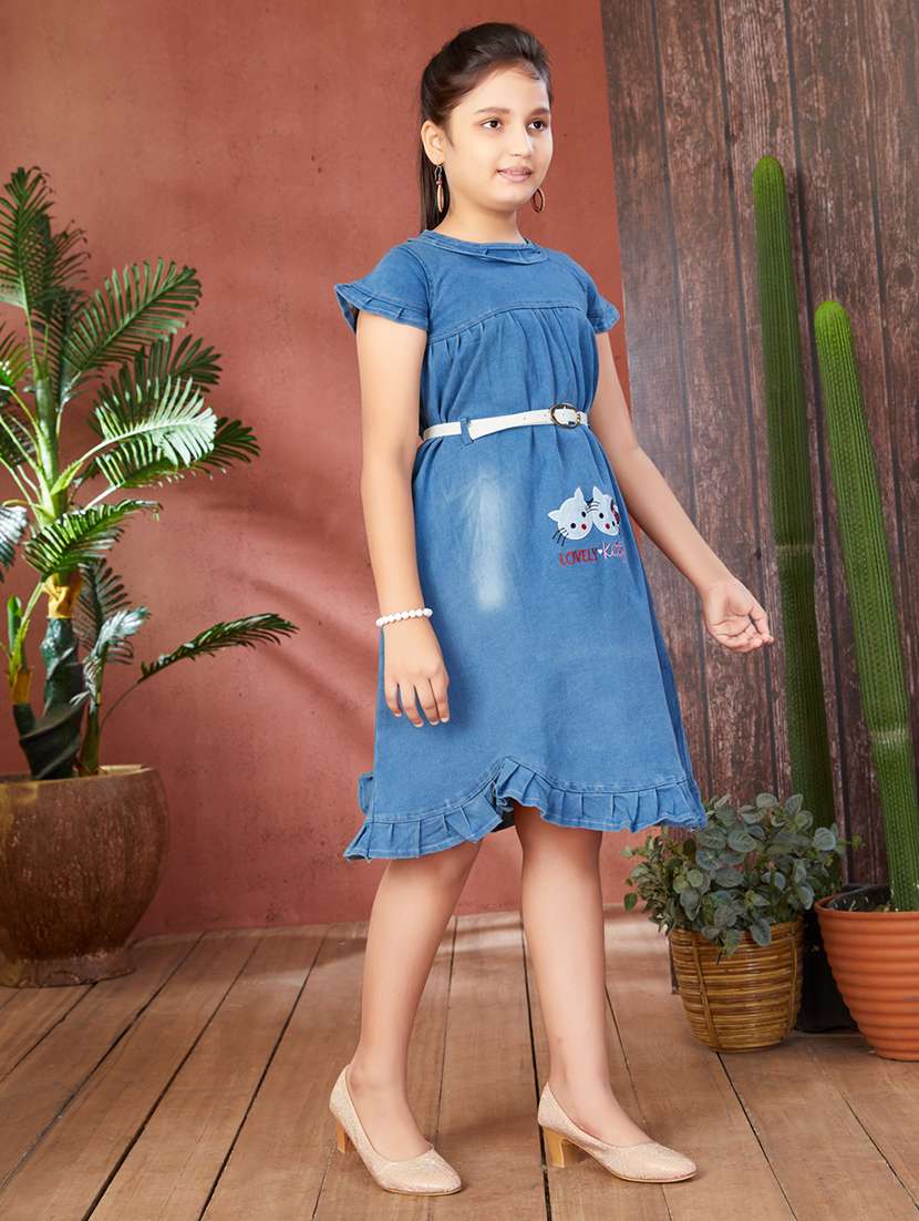 girls solid round neck denim frock - 21538470 -  Standard Image - 2