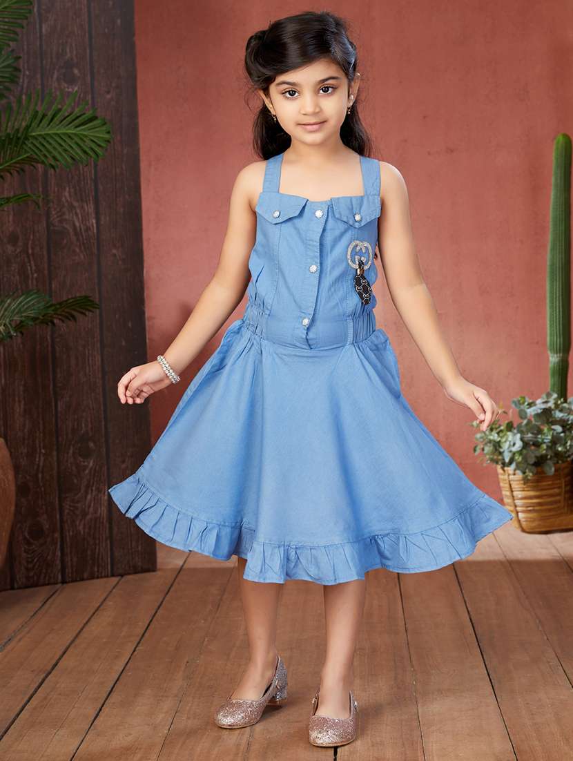girls blue shoulder strap denim frock