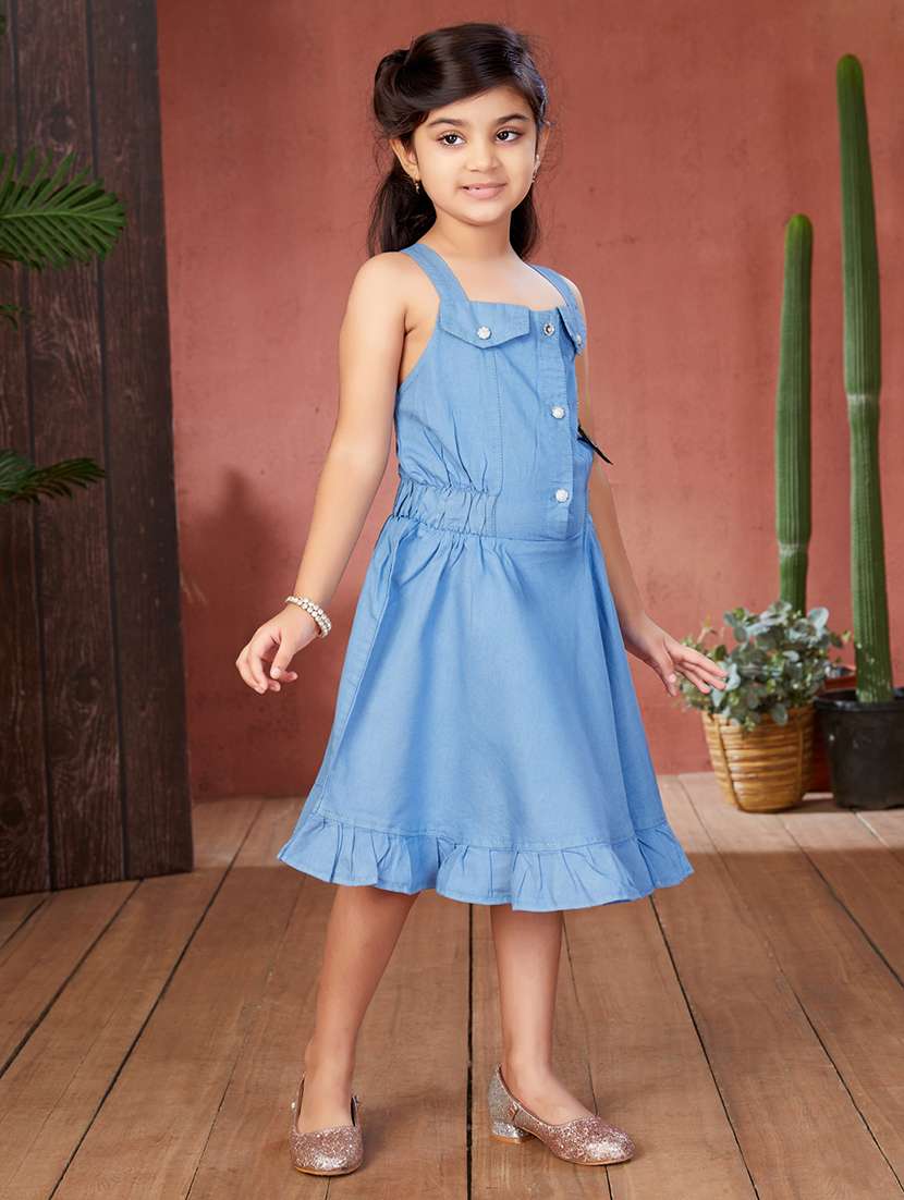 girls blue shoulder strap denim frock - 21538472 - Standard Image - 2