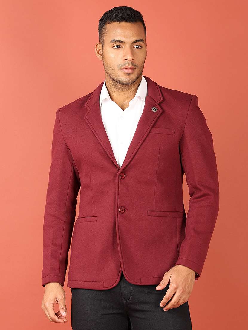 maroon cotton single breasted casual blazer