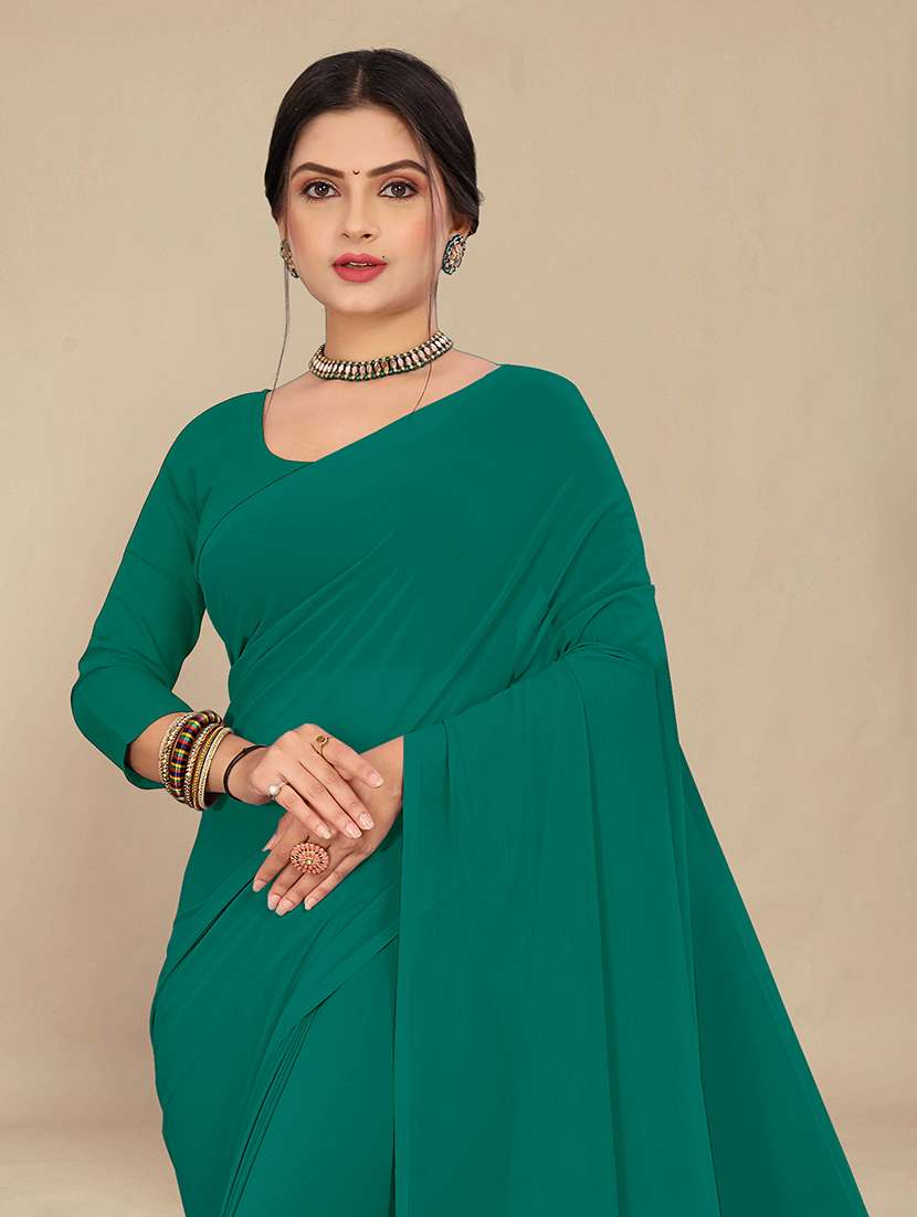 women teal green plain saree - 21539046 -  Standard Image - 2