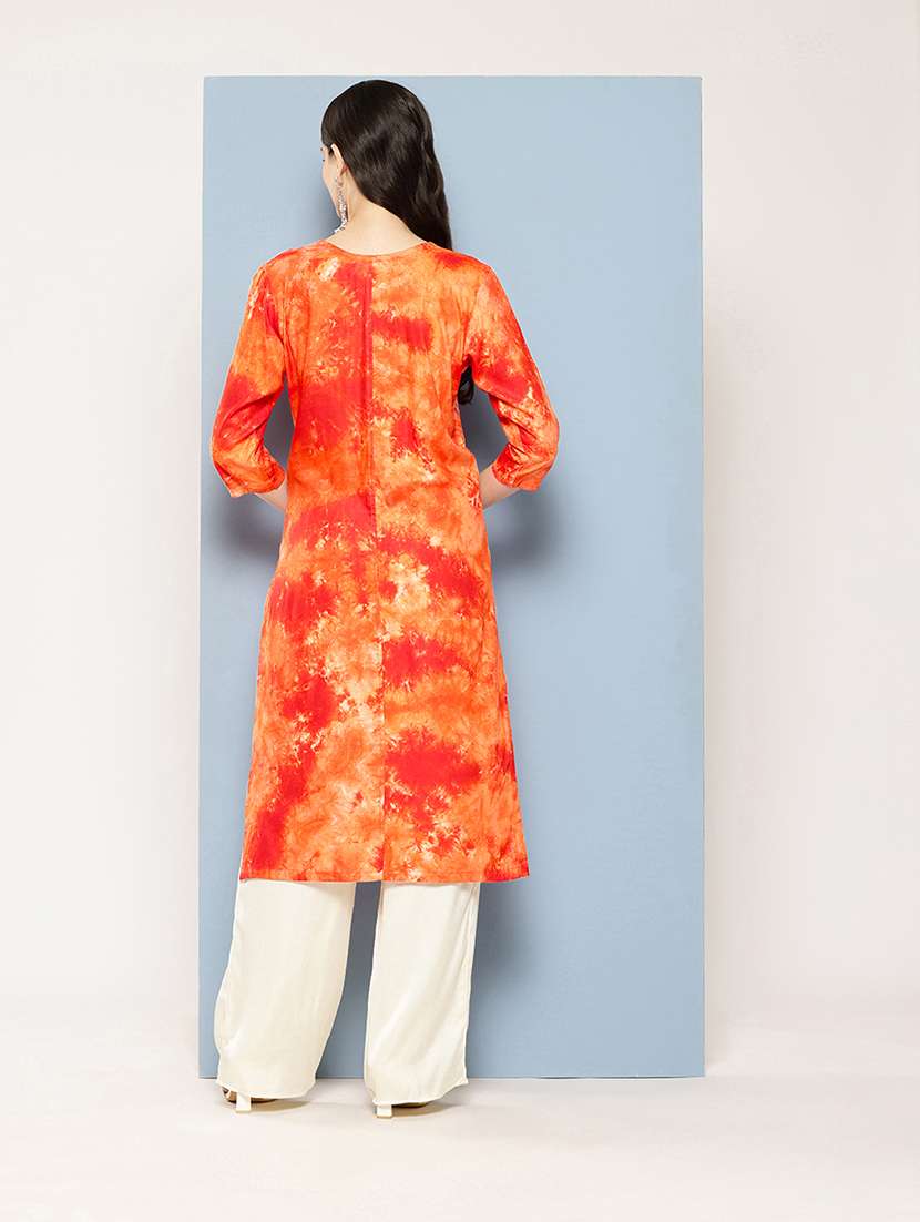 women tie & dye round neck straight kurta - 21539095 -  Standard Image - 2