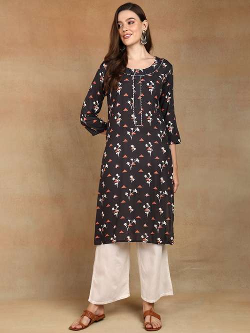 women black round neck straight kurta - 21539109 - Standard Image - 0