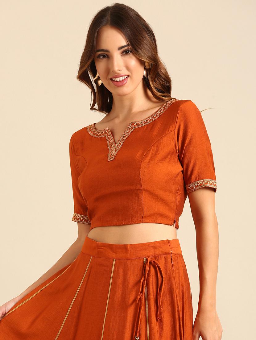 women orange notch neck stitched blouse - 21539121 - Standard Image - 2