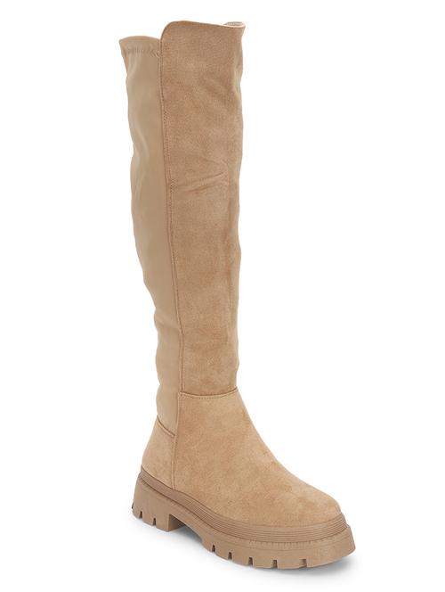 women solid beige knee length suede zipper boots - 21539160 -  Standard Image - 0