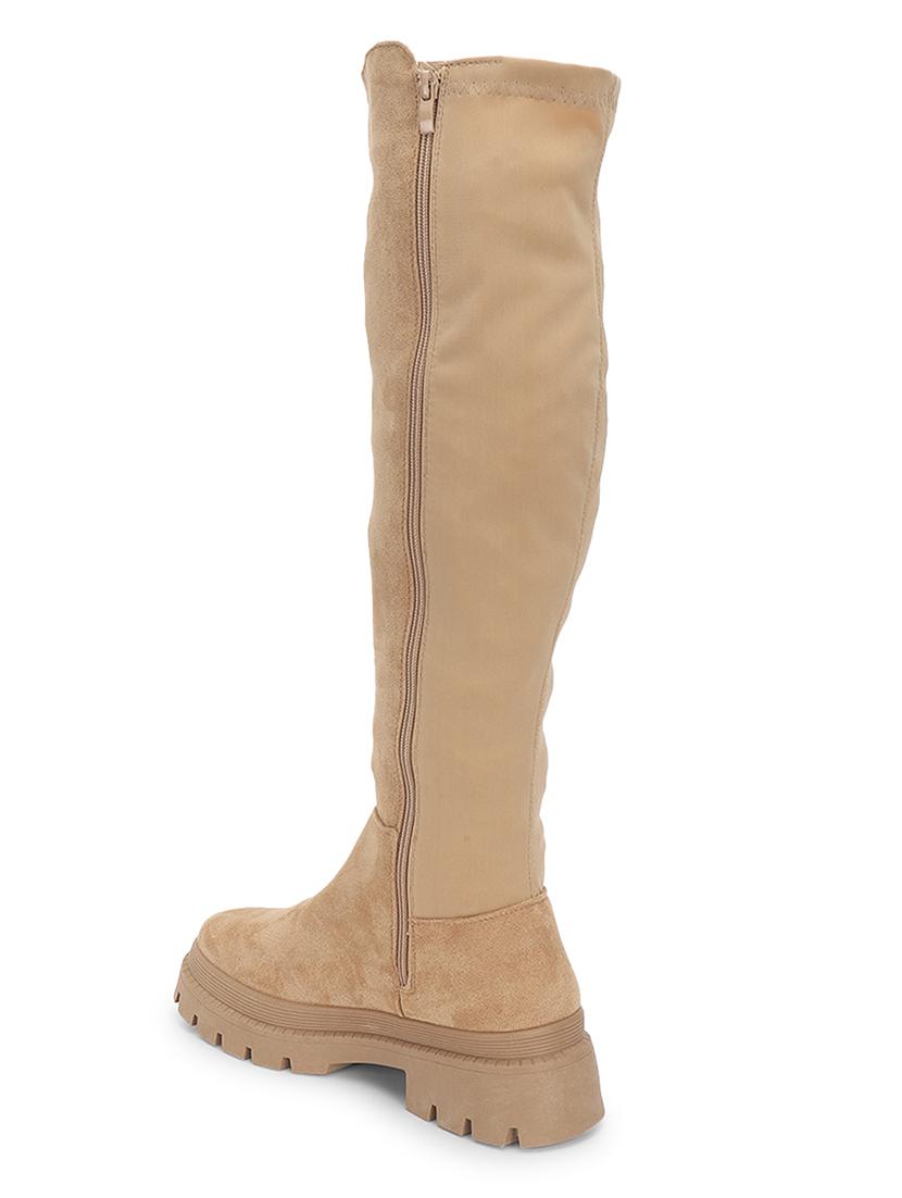 women solid beige knee length suede zipper boots - 21539160 - Standard Image - 2