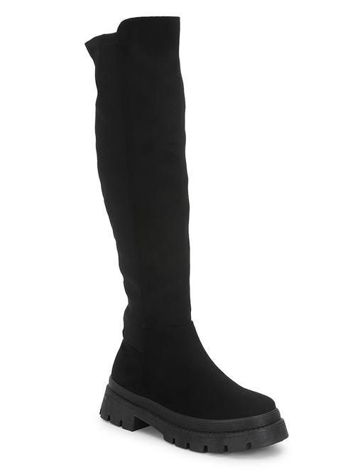 women solid black knee length suede zipper boots - 21539161 -  Standard Image - 0