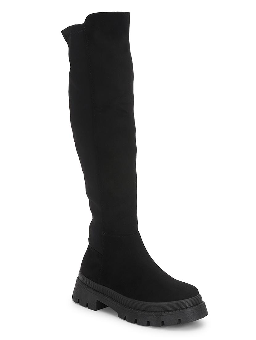 women solid black knee length suede zipper boots - 21539161 -  Zoom Image - 0
