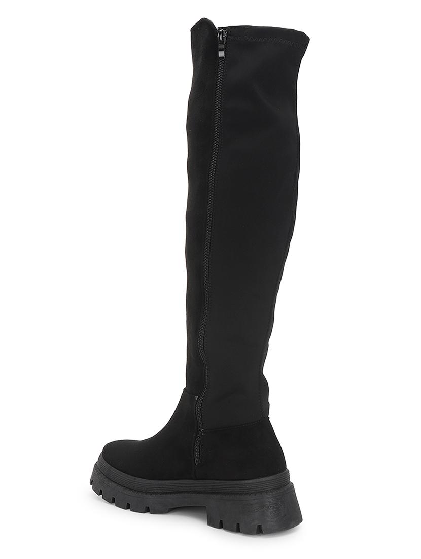 women solid black knee length suede zipper boots - 21539161 - Standard Image - 2