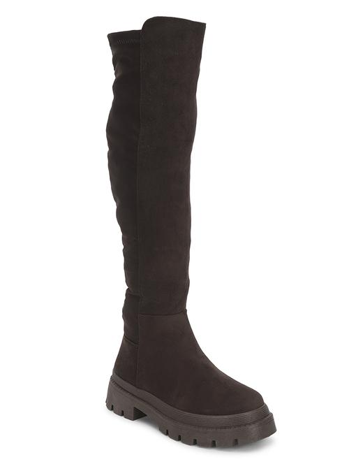 women solid brown knee length suede zipper boots - 21539162 -  Standard Image - 0