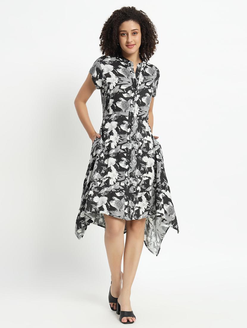 women floral printed short sleeves asymmetric dress - 21539960 -  Zoom Image - 0
