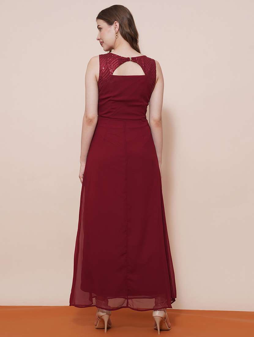 globus women maroon v-neck sequinned pintuck fit & flare maxi party dress - 21540015 - Standard Image - 2