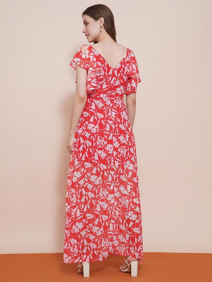 globus women red wrap neck strappy flutter sleeves floral printed front slit fit & flare maxi dress - 21540022 - Standard Image - 2