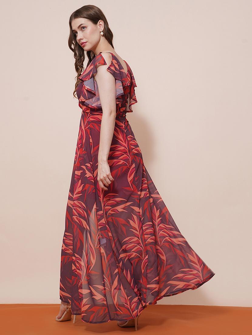 globus women brown wrap neck strappy flutter sleeves tropical printed front slit fit & flare maxi party dress - 21540023 - Standard Image - 2