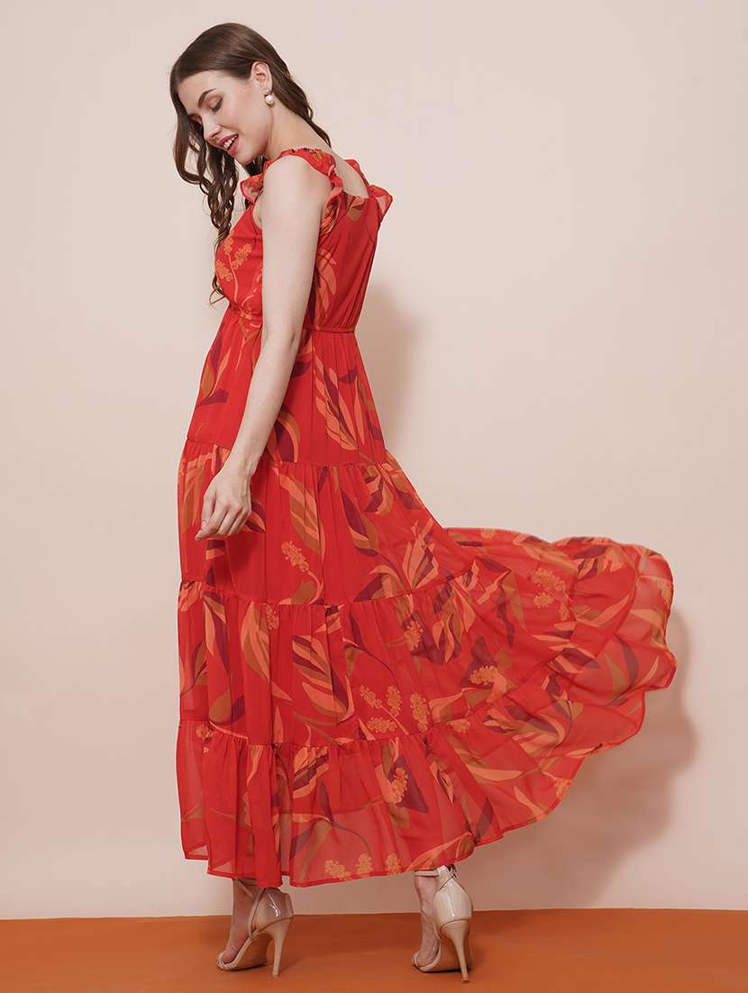 globus women rust square neck flutter sleeves tropical printed tiered fit & flare maxi dress - 21540024 -  Standard Image - 2
