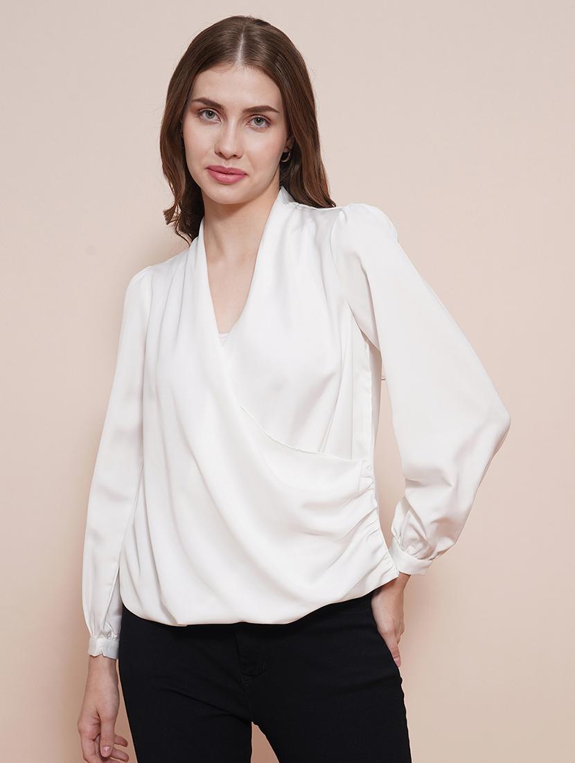 globus women white solid wrap neck cuffed sleeves gathered waist satin workwear top - 21540026 -  Zoom Image - 0