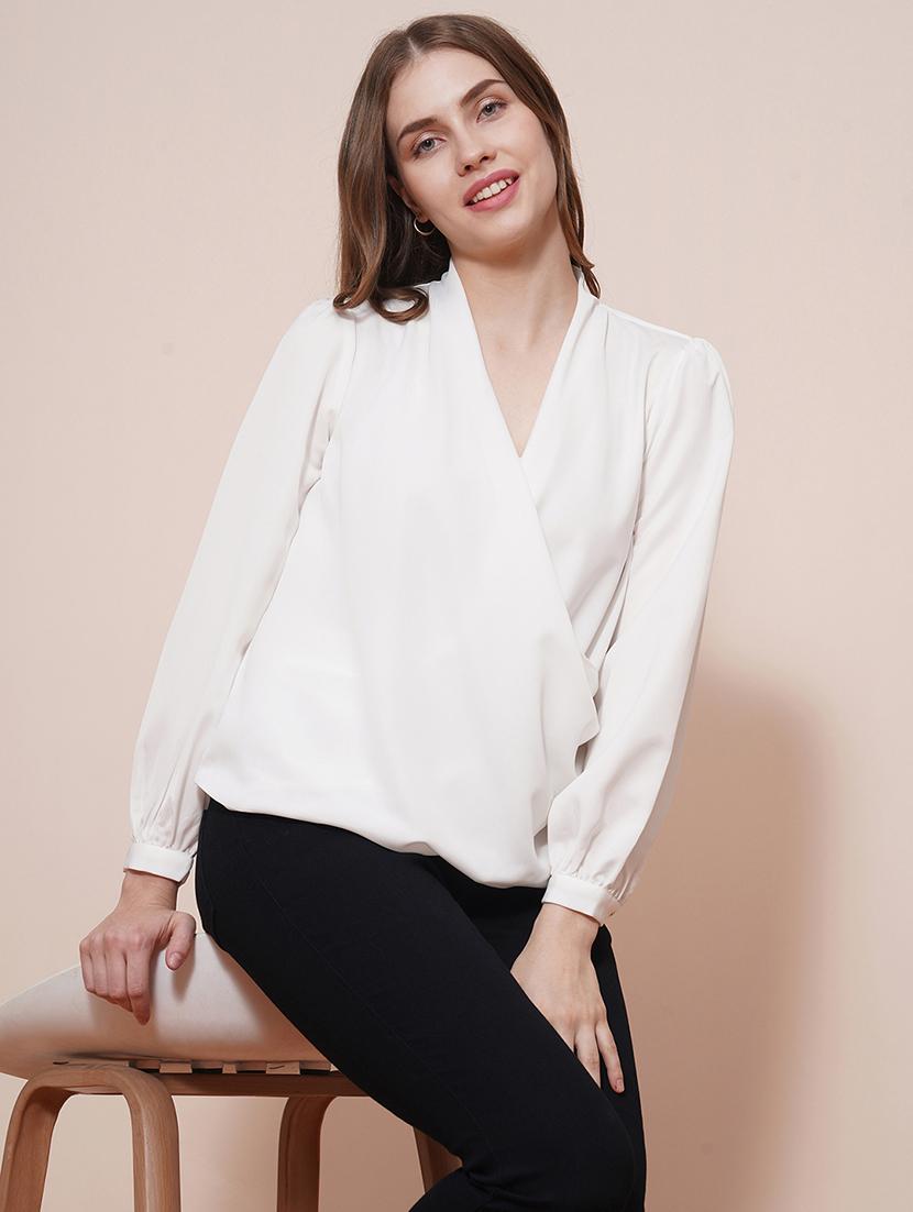 globus women white solid wrap neck cuffed sleeves gathered waist satin workwear top - 21540026 - Standard Image - 2