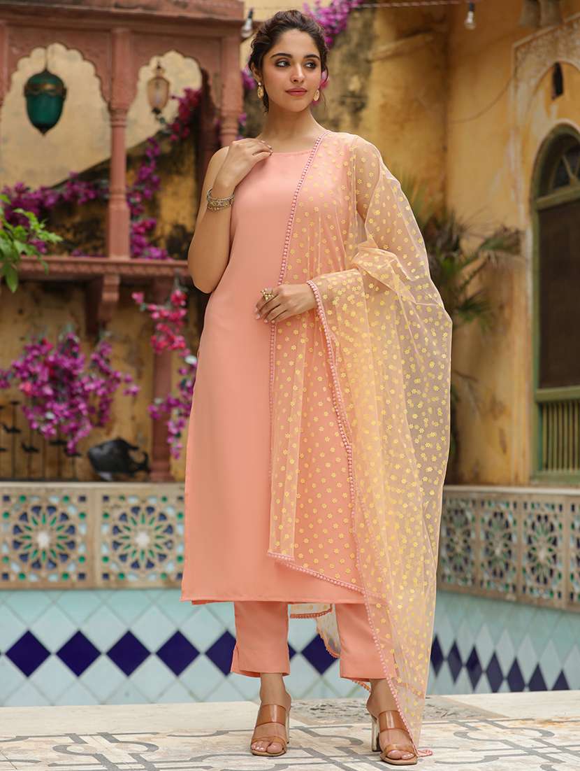 women solid kurta pant set with dupatta