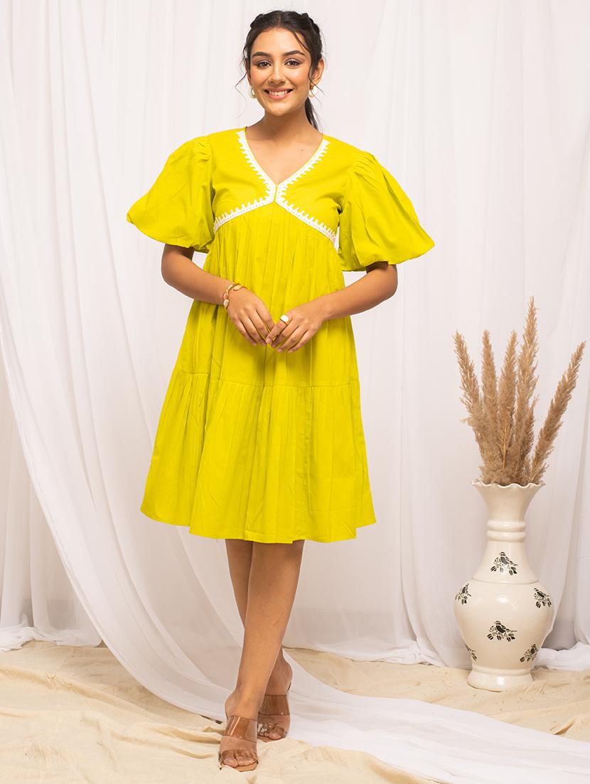women solid puff sleeves a-line dress - 21541659 - Zoom Image - 0