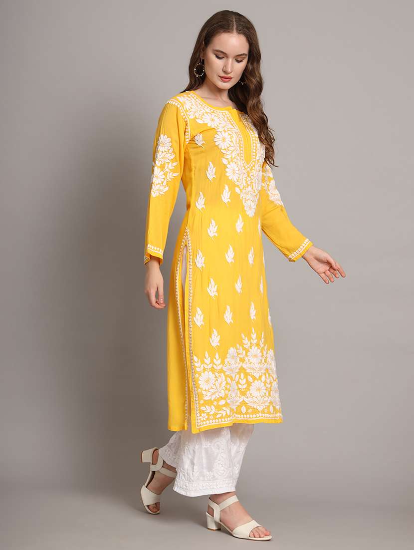 women notch neck chikankari straight kurta - 21541691 - Standard Image - 2