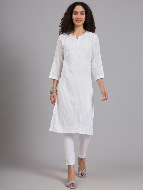 women notch neck chikankari straight kurta - 21541692 -  Standard Image - 0