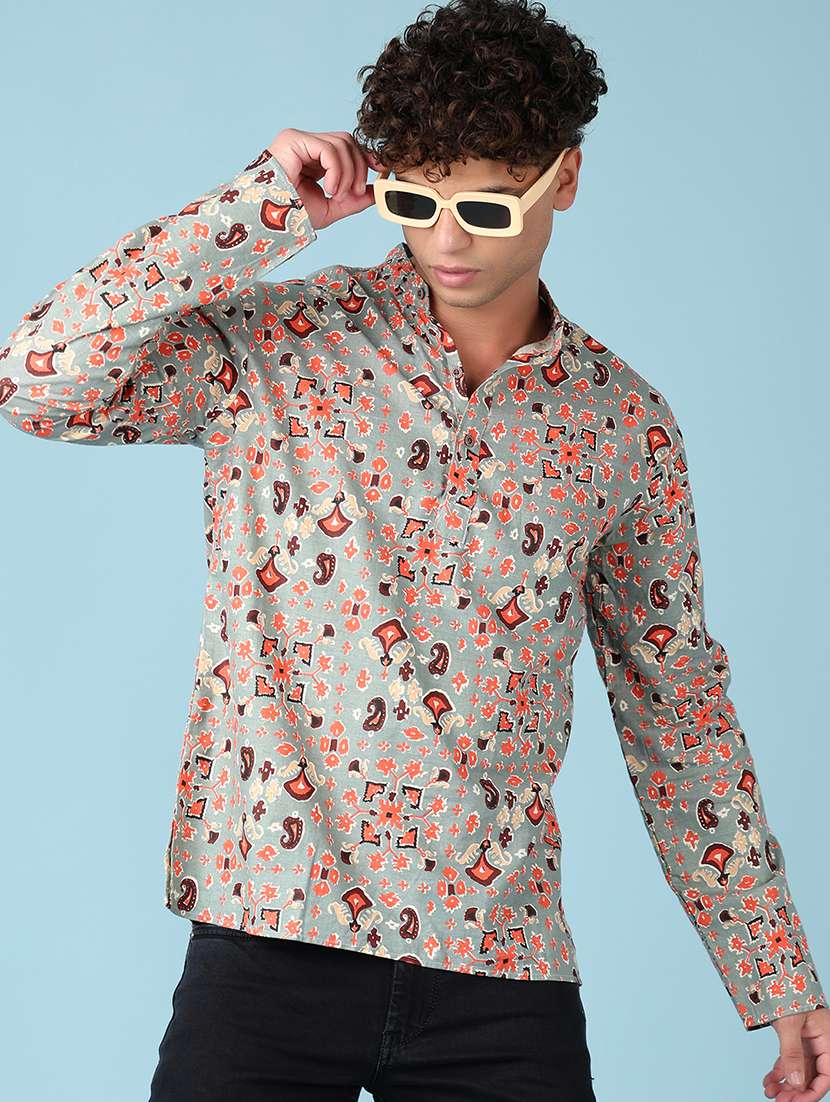 men mandarin neck printed short kurta - 21542578 -  Standard Image - 2