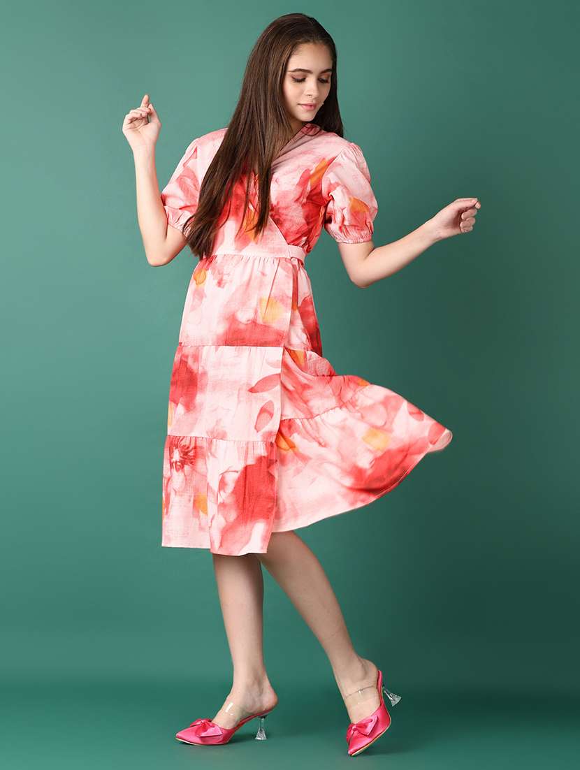 women printed puff sleeves wrap dress - 21542652 -  Standard Image - 2
