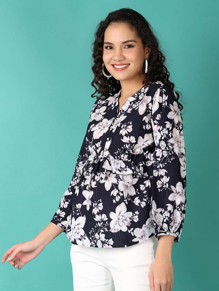 women navy blue floral v neck regular top - 21542904 - Standard Image - 2