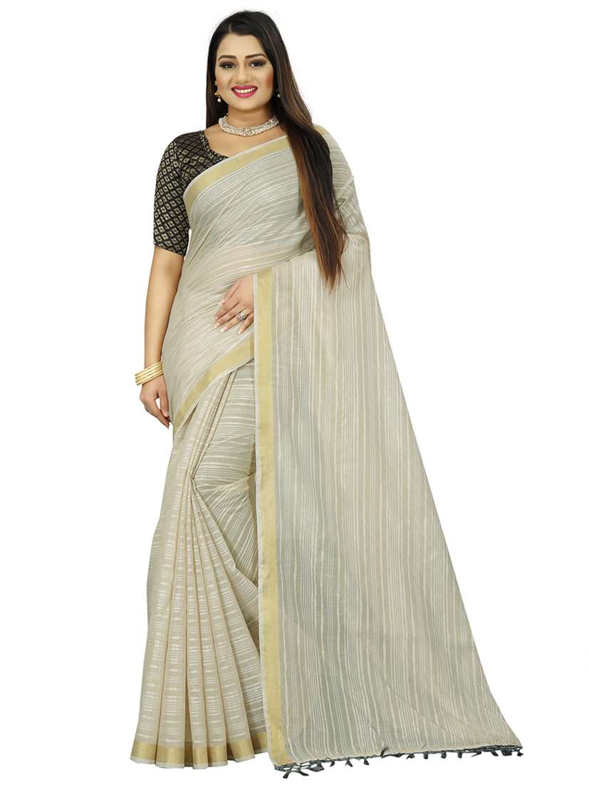 women cream stripes printed saree