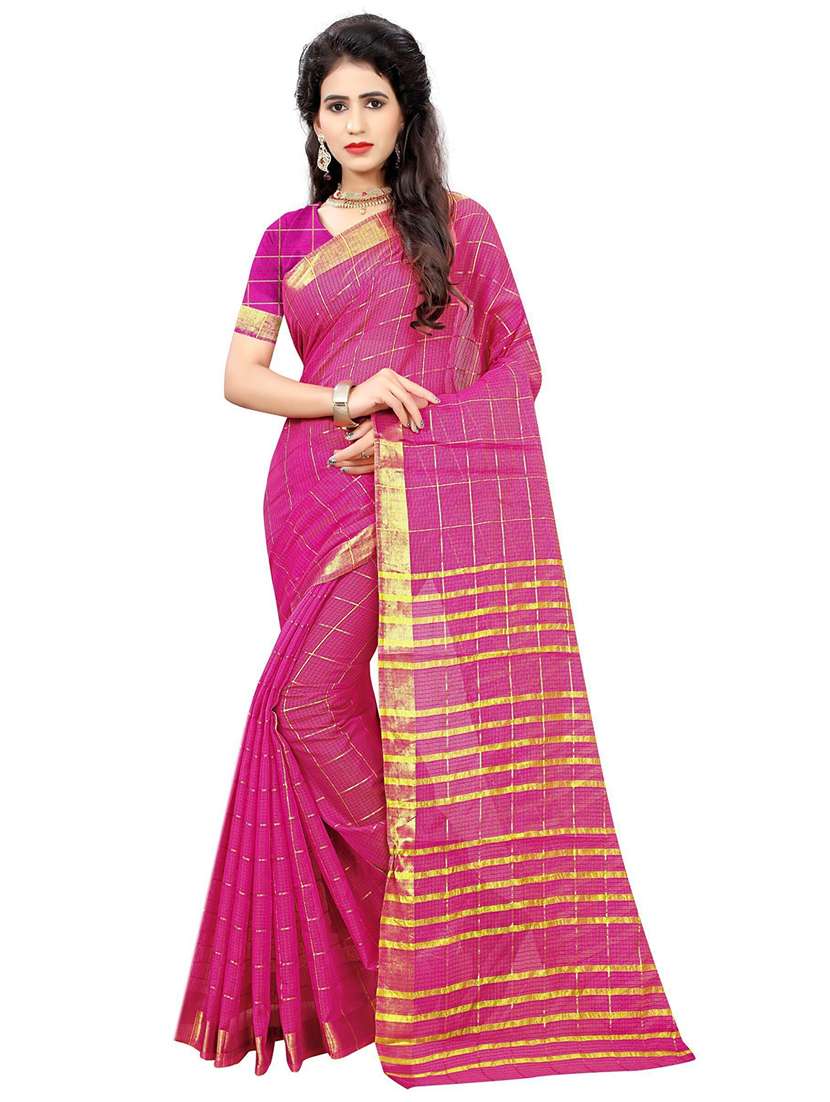women pink checks bordered saree